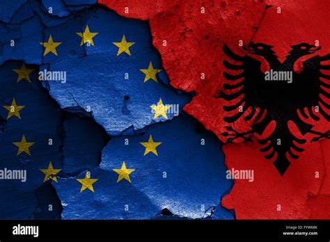 Flags Of Eu And Albania Painted On Cracked Wall Stock Photo Alamy