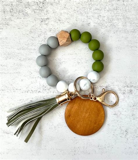 Blank Silicone Bead Keychain Wristlet With Wood Disc Pendant Etsy Beaded Keychains Wristlet