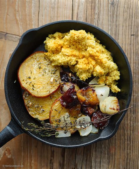 Geschmorte Gelbe Bete Mit Pflaumen Zwiebeln Und Curry Kokosmilch Hirse