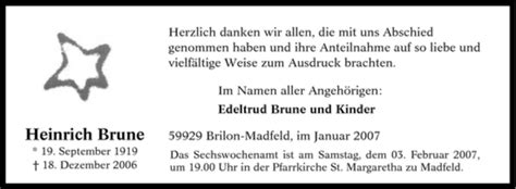 Trauer Und Todesanzeigen Von Heinrich Brune Trauer De