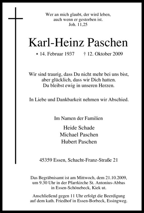 Trauer Und Todesanzeigen Von Karl Heinz Paschen Trauer De