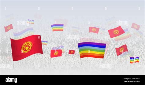 People Waving Peace Flags And Flags Of Kyrgyzstan Illustration Of