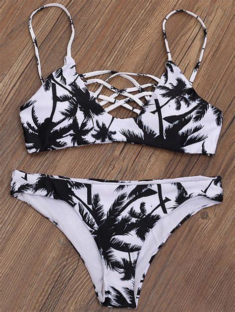 Coconut Palm Print Strappy Bikini Set WHITE AND BLACK Tropical