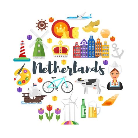 Holland kaart met symbolen van Nederlandse cultuur platte vector ...