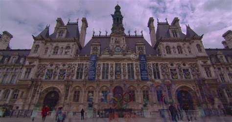 City Hall Square In Paris Where The Olympic Rings Are Installed Crowds