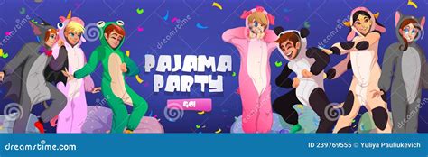 Pajamas Party Cartoon Web Banner Kigurumi Fun Stock Vector