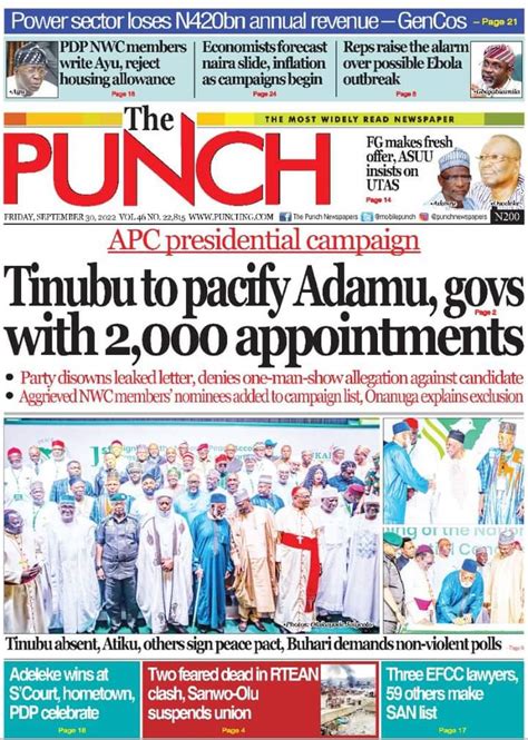 Newspaper Headlines Tinubu To Appease Apc Stakeholders With Slots