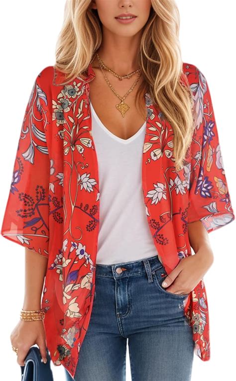 Womens Floral Print Puff Sleeve Kimono Cardigan Loose Cover Up Casual Blouse Tops At Amazon