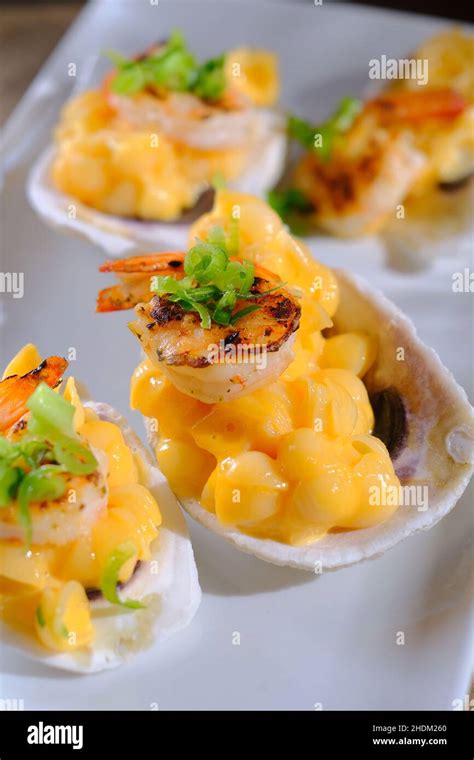 Fancy Wedding Hors Doeuvres Shrimp Mac And Cheese Served In Oyster