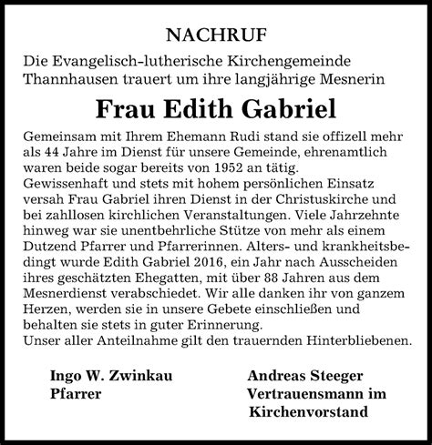 Traueranzeigen Von Edith Gabriel Augsburger Allgemeine Zeitung