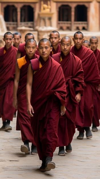 Premium Photo A Group Of Monks Are Walking Together In A Line