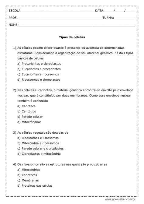 Atividades Sobre Células 6 Ano Com Gabarito