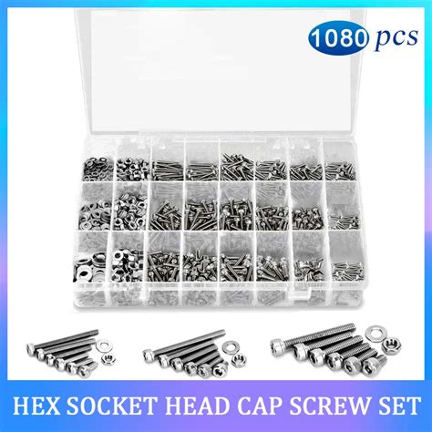 1080pcs M2 M3 M4 Hex Socket Head Cap Screw Set Stainless Steel Flat