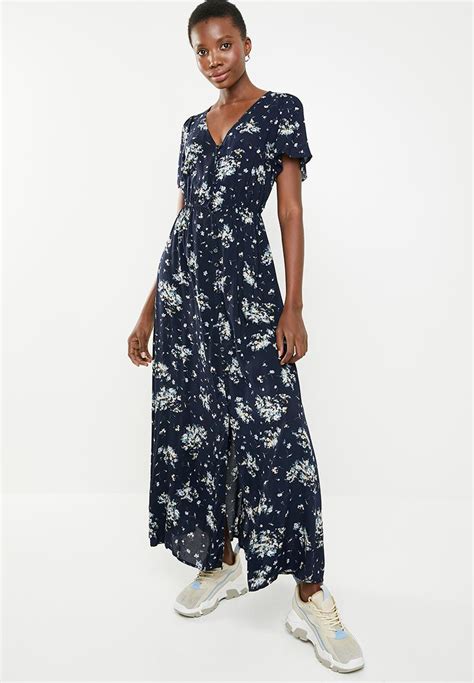 Button Down V Neck Floral Maxi Navy Revenge Casual