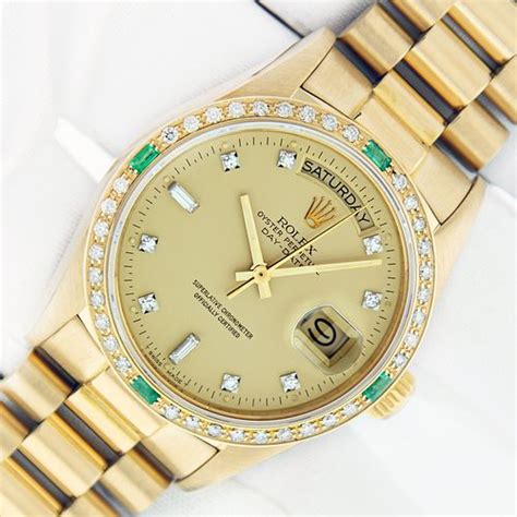 CUSTOM 18K GOLD DIAMOND / EMERALD BEZEL ROLEX DAY-DATE sold at auction ...