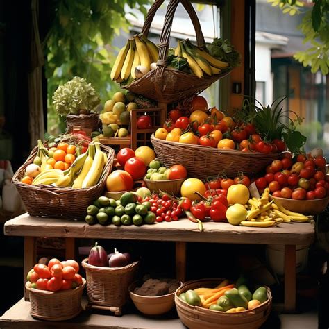 Premium Photo | Basket fruits vegetables is displayed market