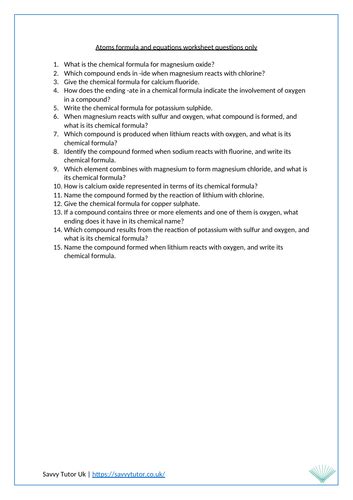 Atoms Formula And Equations Ks4 Worksheet Questions Only Teaching Resources