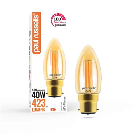 Paul Russells Led Filament Dimmable Candle Bulb Bc B22 45w 423 Lumens 40w Equivalent 2200k