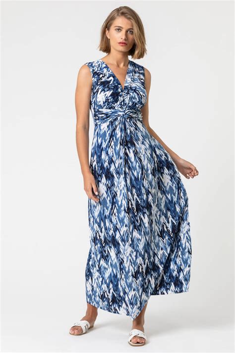 Abstract Print Twist Front Maxi Dress In Blue Roman Originals Uk