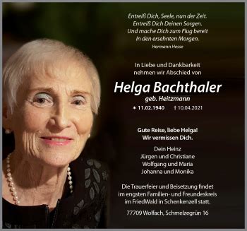 Traueranzeigen Von Helga Bachthaler Schwarzw Lder Bote Trauer