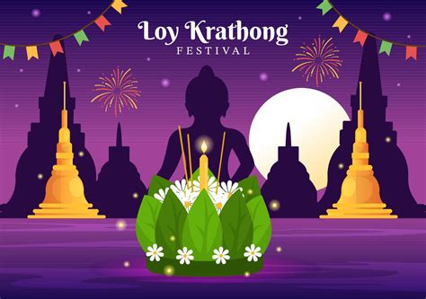 Loy Krathong Festival Celebration in Thailand Template Hand Drawn Cartoon Flat Illustration with ...