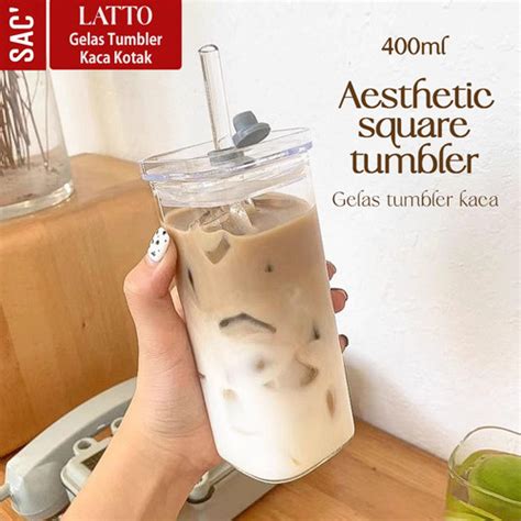 Jual Latto Gelas Kaca Aesthetic Gelas Kotak Minum Kopi Susu Jus Estetik