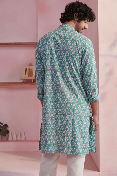 Buy Blue Block Printed Cotton Kurta For Men Fgmnk Farida Gupta