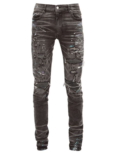 Amiri Denim Paint Splatter Distressed Slim Leg Jeans In Grey Gray For