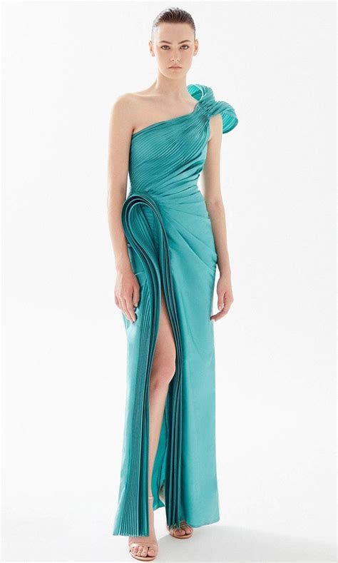 Tarik Ediz 98260 Pleated One Shoulder Evening Dress Couture Candy