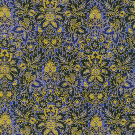 Midnight Nectar Floral Damask Lapis Gold Metallic Fabric By Studio Rk