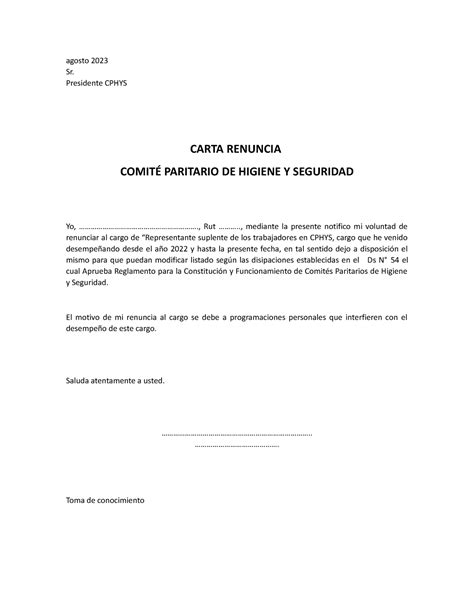 Modelo Carta Renuncia Paritario Agosto Sr Presidente Cphys