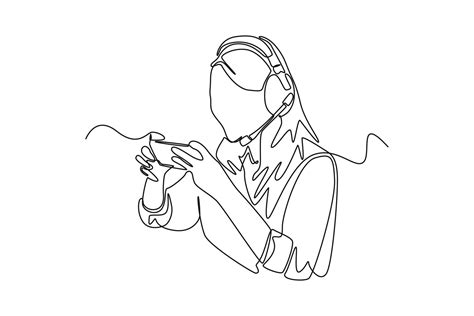 Single one line drawing happy young girl wearing headset playing online video game on his ...