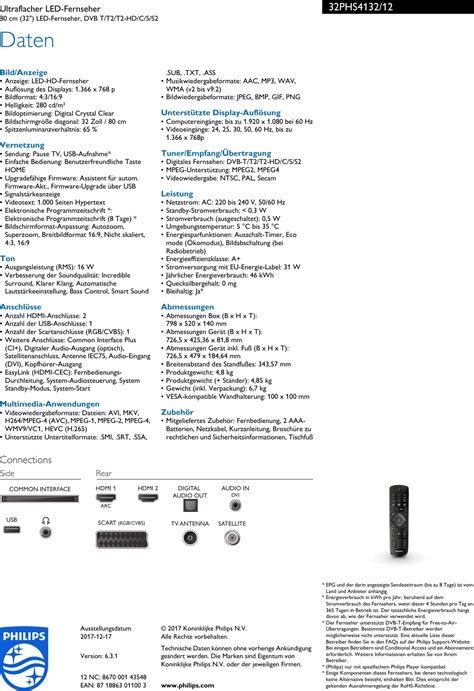 Philips 32PHS4132 12 Leaflet 32PHS4132 12 Released Switzerland German