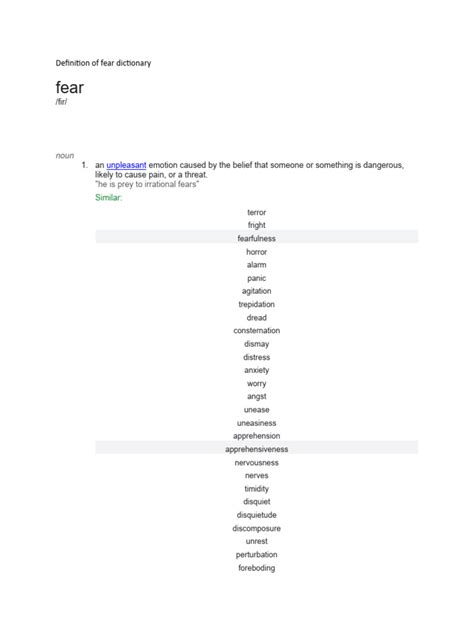 Definition of fear dictionary | PDF | Fear | Anxiety