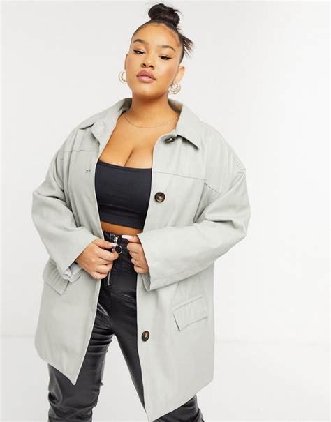 Asos Curve Design Curve Oversized Faux Leather Quilt Lined Shacket In Gray Shopstyle