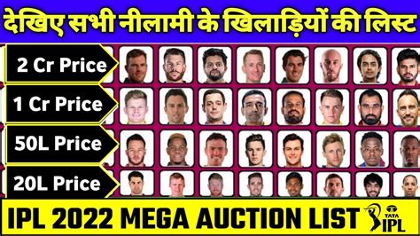 Ipl 2022 Mega Auction Players List Youtube