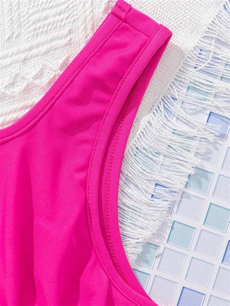 SHEIN Tween Girls Daily Casual Summer Outfit Solid Color Top And Printed Bottom Bikini