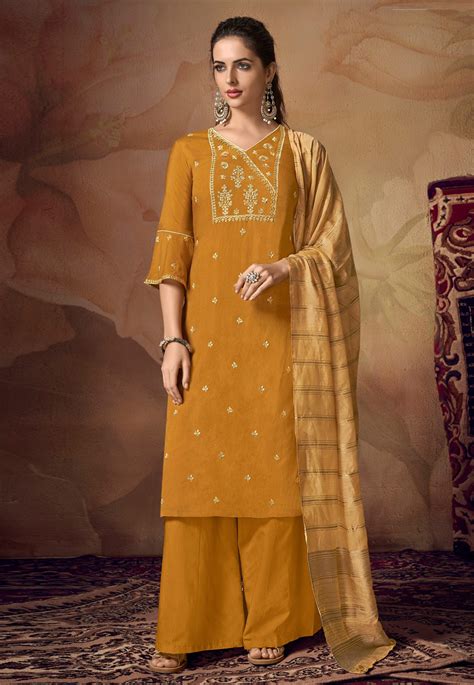 Mustard Muslin Palazzo Suit 119362