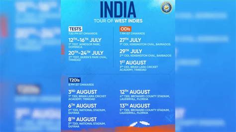 India To Tour West Indies From July 12 To Aug 13 Comprising Two Tests