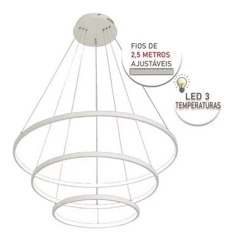 Pendente Lustre Led Jupiter 80w Diâmetro 60cm 3 Arcos Aneis Frete grátis