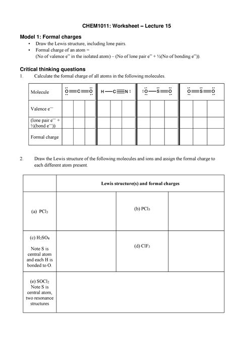 Lecture Worksheet Formal Charges Resonance Structure Chem