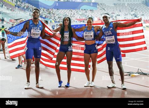 U S Team Members Celebrate After Winning 4x400 Meter Mixed Relay At