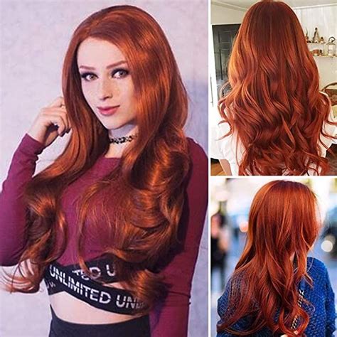 WUJIE Red Long Curly Wavy Red Wigs For Women Middle Part Natural