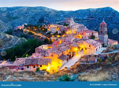 View Of Spanish Town In Evening Albarracin Stock Image Image Of Dawn