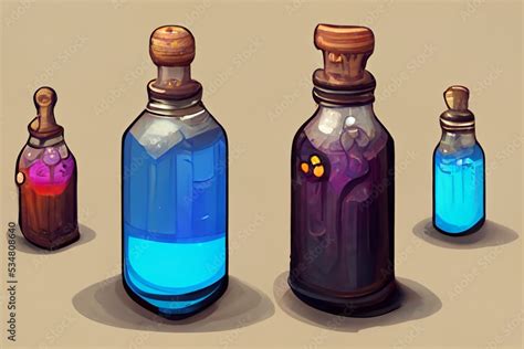 Several potions, bottles, vials and flasks. Hand drawing, concept art ...