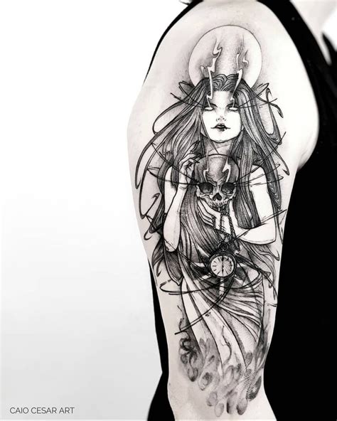 A Woman With A Clock Tattoo On Her Arm And Shoulder In Black And White