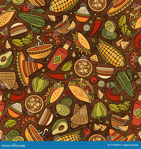 Cartoon Cute Hand Drawn Mexican Food Seamless Pattern Stock Vector