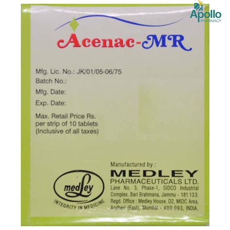 Acenac MR Tablet 10 S Price Uses Side Effects Composition Apollo