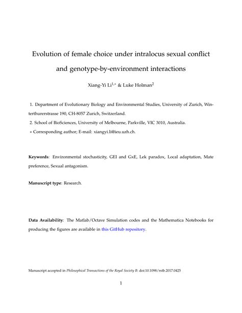 Pdf Evolution Of Female Choice Under Intralocus Sexual Conflict And Genotype By Environment