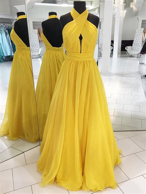 Charming High Neck Yellow Long Chiffon Prom Dress Open Back A Line Evening Dress Prom Dresses